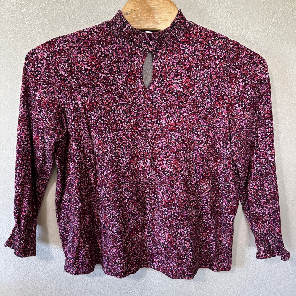 J Jill Pink Floral Print Keyhole Mock Neck Balloon Sleeve Peasant Top Size XL